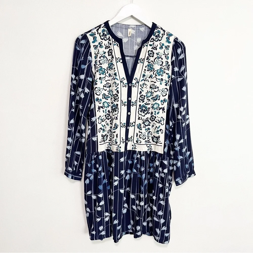 BOGO! Anthropologie Tiny Embroidered Shirt Shift Dress Floral Blue XS